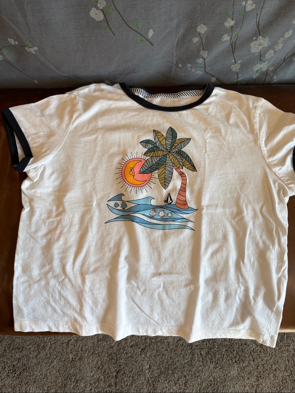 Volcom White Ringer Tee with Tropical Palm and Sun Graphic